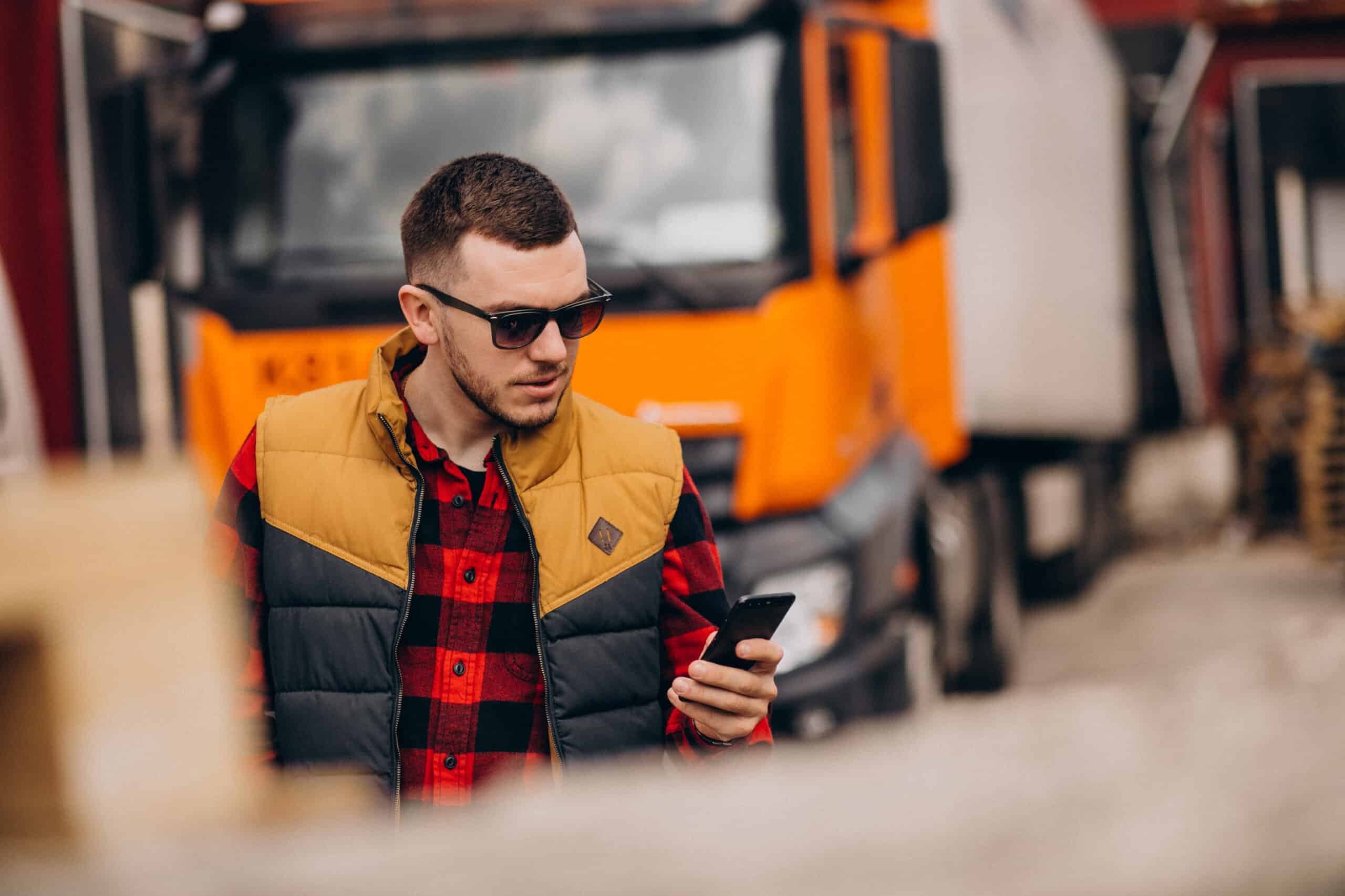 Handsome man truck driver standing by the truck